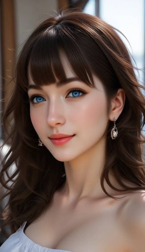 1girl, Solo, High Resolution, Long Hair, Looking at viewer, Blush, Smile, Blue eyes, Hair Ornament, Black Hair, Jewelry, Earrings, Hair Flower, Anatomically Correct, Best Quality, Accurate, High Resolution, Masterpiece, Award Winning, Detail, HD, High Deta...