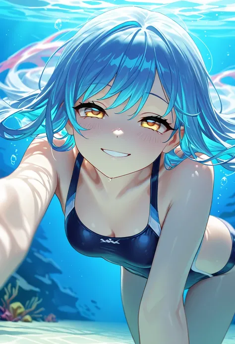 （Correct and Perfect Anatomy ）A charming beautiful girl dives into the underwater masterpiece ,  Best Quality, Amazing Quality, Very Aesthetic, high-resolution,  latest, Super detailed,  1girl , Blue hair, Double-colored hair, , Swimsuit Extremely Fine Eye...