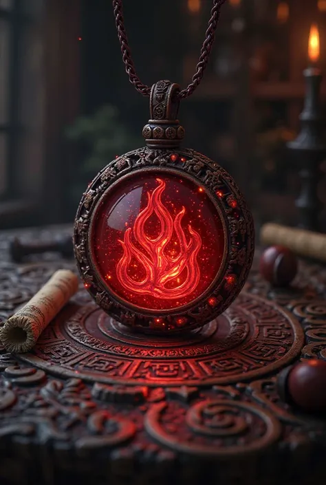 Create Castlevania style: a beautiful red magic pendant with flame engravings on top of a medieval magic table 