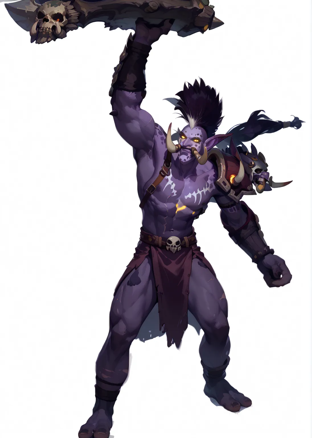 Trolls
large pointed ears, large nose, fangs
tusks, male troll,  toned body,, dark  purple skin, white hair, (big high mohawk hairstyle:1.2), tribal tattos,  ((very dark purple skin:1.1)) (dark purple skin:1.1) big tusks, raised eyebrow, fierce, powerful, ...