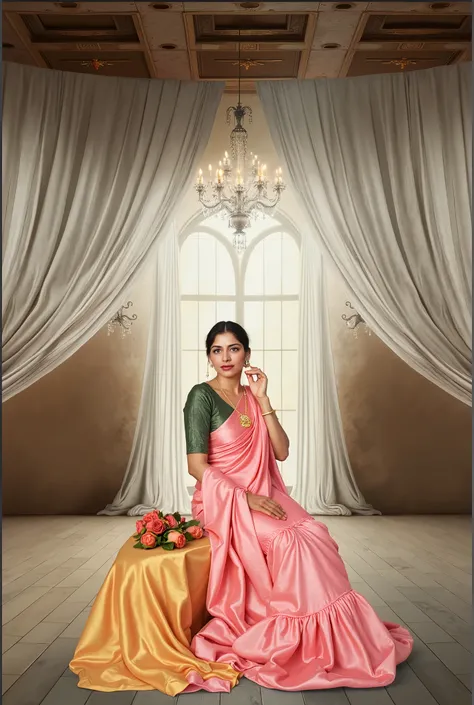 there is a woman sitting on a chair in a room, a portrait inspired by T. K. Padmini, trending on cg society, hyperrealism, draped in fleshy green and pink, portrait shot 8 k, portrait shot, mid shot portrait, home photography portrait, high quality portrai...