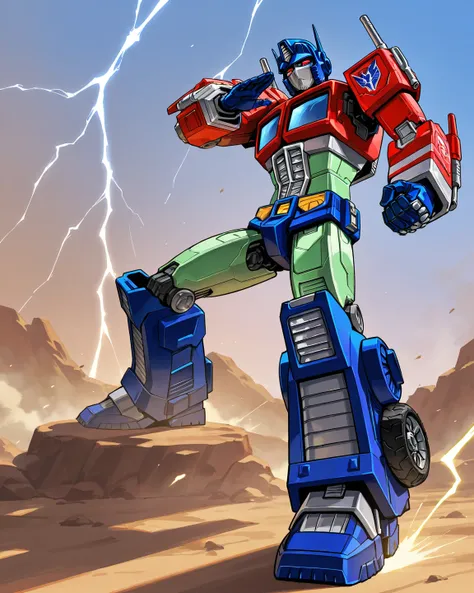 Optimus Prime has a green body with red eyes and lightning power in this G-1 combat stance.