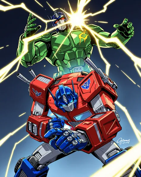 Optimus Prime has a green body with red eyes and lightning power in this G-1 combat stance.