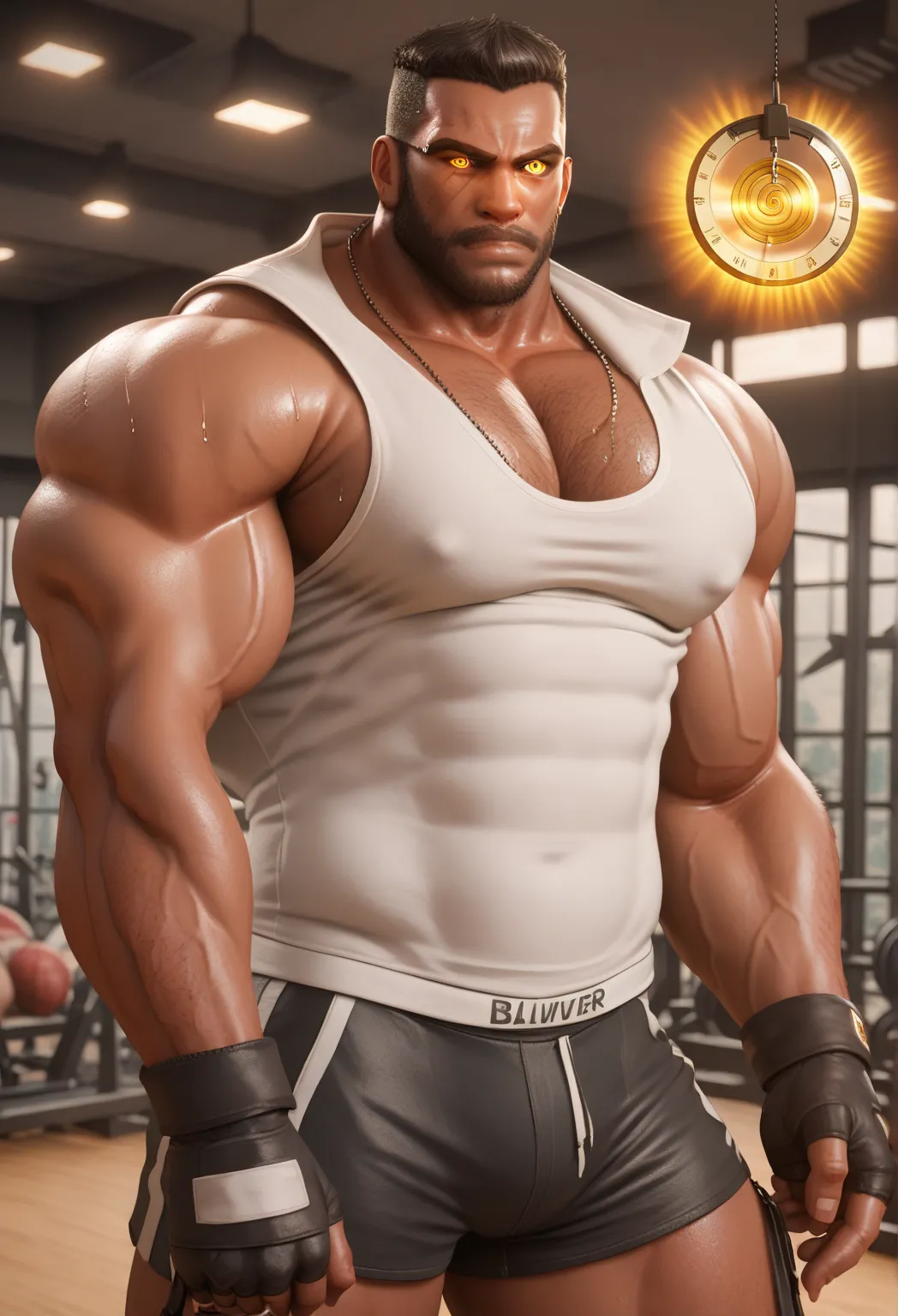 Barret Wallace alone in the gym, staring at golden pendulum, dark skin, stringer tanktop, gym shorts, muscular, muscles, big biceps, broad shoulders, massive pecs, sweaty, hairy chest, glowing golden spiral in the eyes, blank expression, vacant stare, hypn...