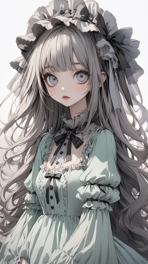 high quality texture、HD、Top Quality、 Advanced Details、 Tim Burton Style、PASTEL COLOR、 fancy、chiffon lolita dress、 upper body、warm white、Paint like a painting、Grayish、