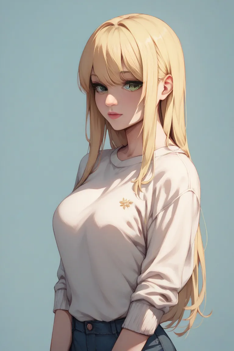 The woman has a blonde hair. Her blonde is very long. Her blonde hair also has bob-style bangs. She has striking green eyes. She is wearing a modest sweater.