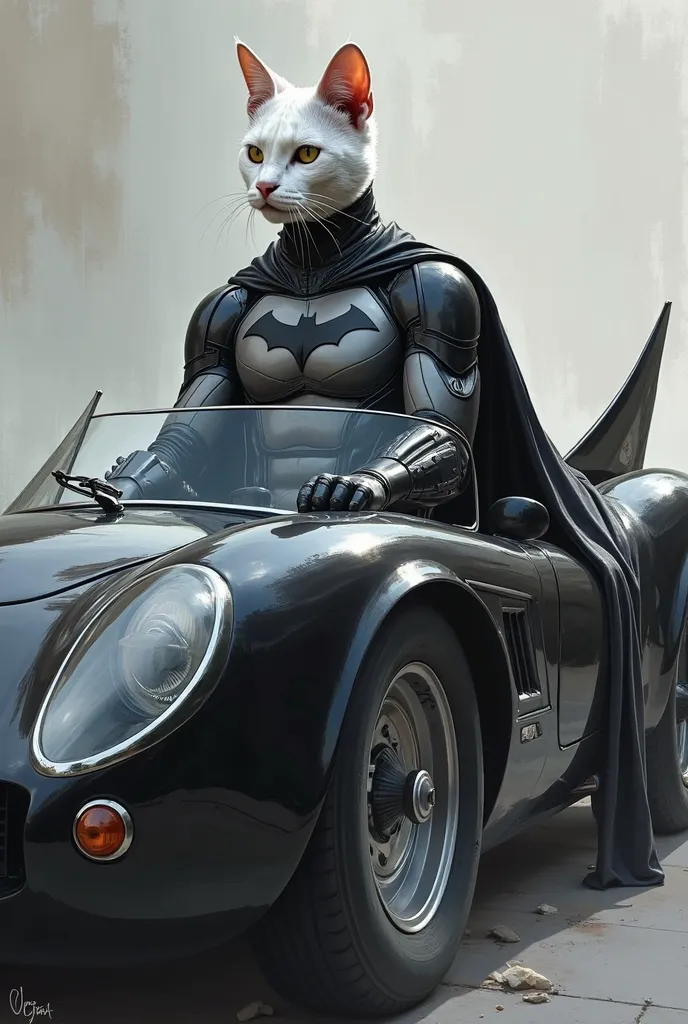 Take into account and base your drawing on the physical, The character, The personality, The attributes, the color codes and the age of the character "batman". Draw me Batman's car driven by a white cat disguised as Batman, in a realistic and detailed huma...