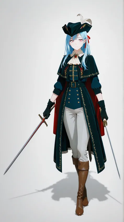 1girl, solo,looking at viewer
 1girl, solo, long hair, simple background, gloves, hat, white background, ribbon, holding, blue hair, standing, full body, hair ribbon, weapon, boots, black gloves, pants, sword, cape, holding weapon, coat, ascot, black headw...