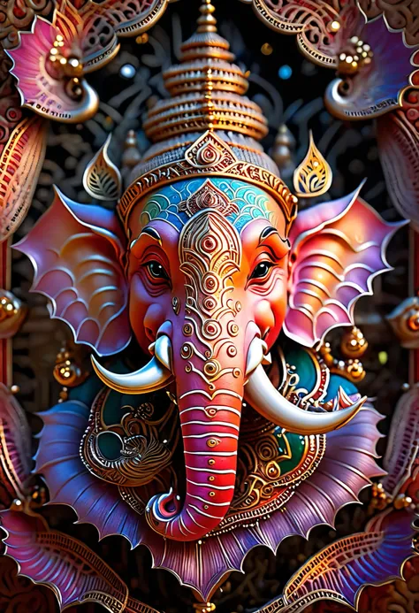 (fantasy,horror,macro photography,realistic:1.2),front view of  Lord Ganesha face, vibrant colors, intricate details, metallic exoskeleton, delicate translucent, organic patterns, otherworldly lighting