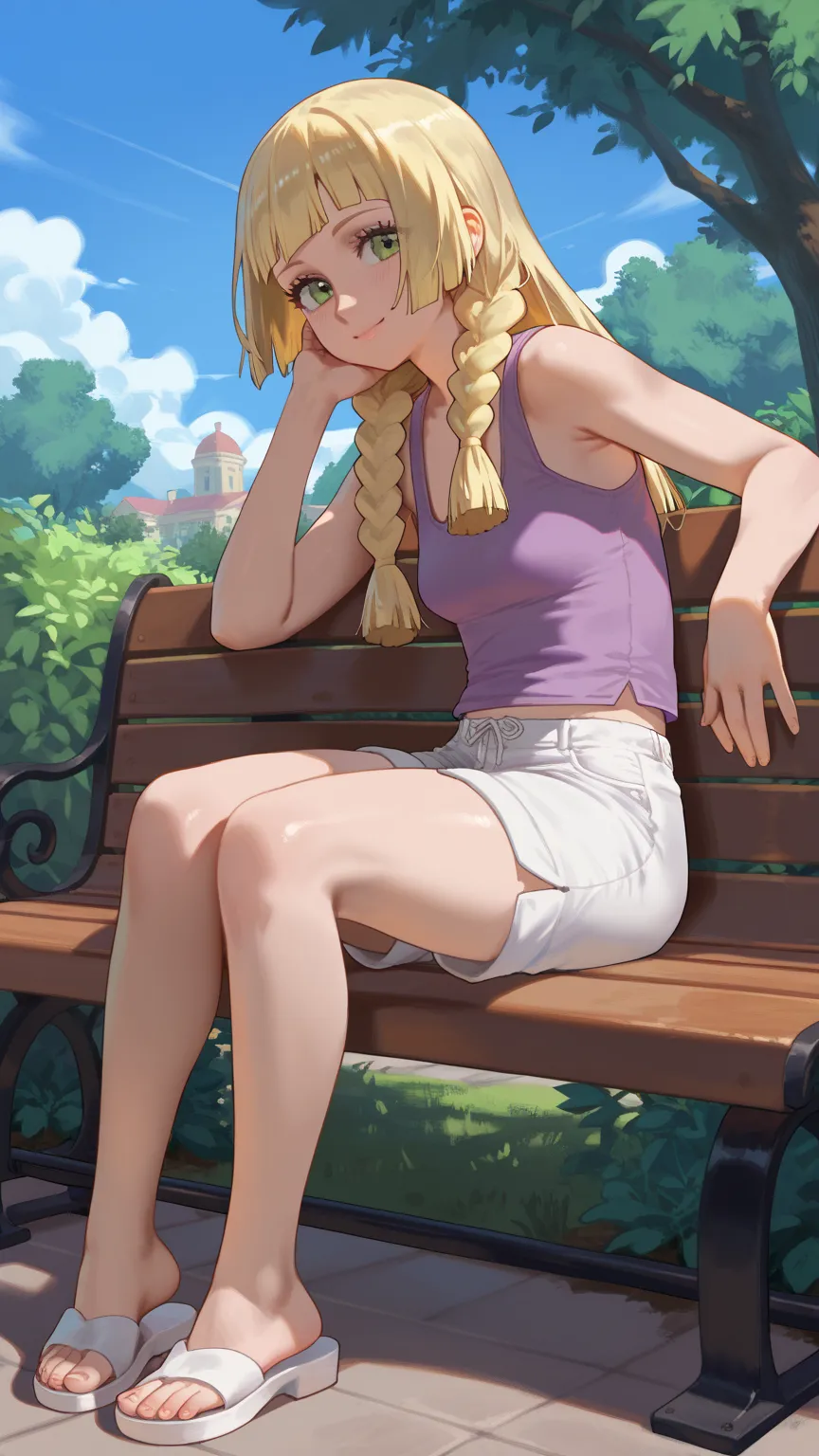 Solo, Lillie pokemon, blonde, braided sidelocks, standing, wearing purple tank  top, white shorts, barefoot, sandals, sitting, on a bench, at a park, seductive, masterpiece,best quality,amazing quality,very aesthetic,absurdres,newest, 