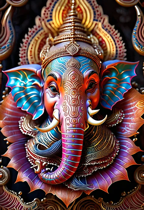 (fantasy,horror,macro photography,realistic:1.2),front view of  Lord Ganesha face, vibrant colors, intricate details, metallic exoskeleton, delicate translucent, organic patterns, otherworldly lighting