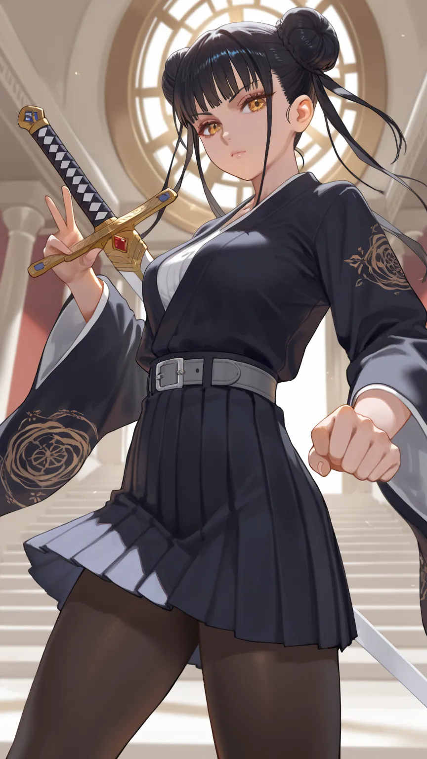 BEST QUALITY, ULTRA DETAILED, HIGH DEFINITION, INTRICATE DETAILS, PERFECT BODY, PERFECT ANATOMY, ALONE 1 girl, , long hair, black hair, twin bun, medium breasts, amber eyes, slender, black kimono top, black pleated skirt, black tights, sword without sheath...