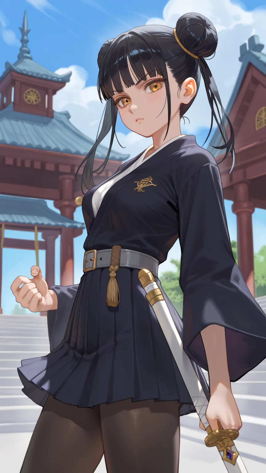 BEST QUALITY, ULTRA DETAILED, HIGH DEFINITION, INTRICATE DETAILS, PERFECT BODY, PERFECT ANATOMY, ALONE 1 girl, , long hair, black hair, twin bun, medium breasts, amber eyes, slender, black kimono top, black pleated skirt, black tights, sword without sheath...