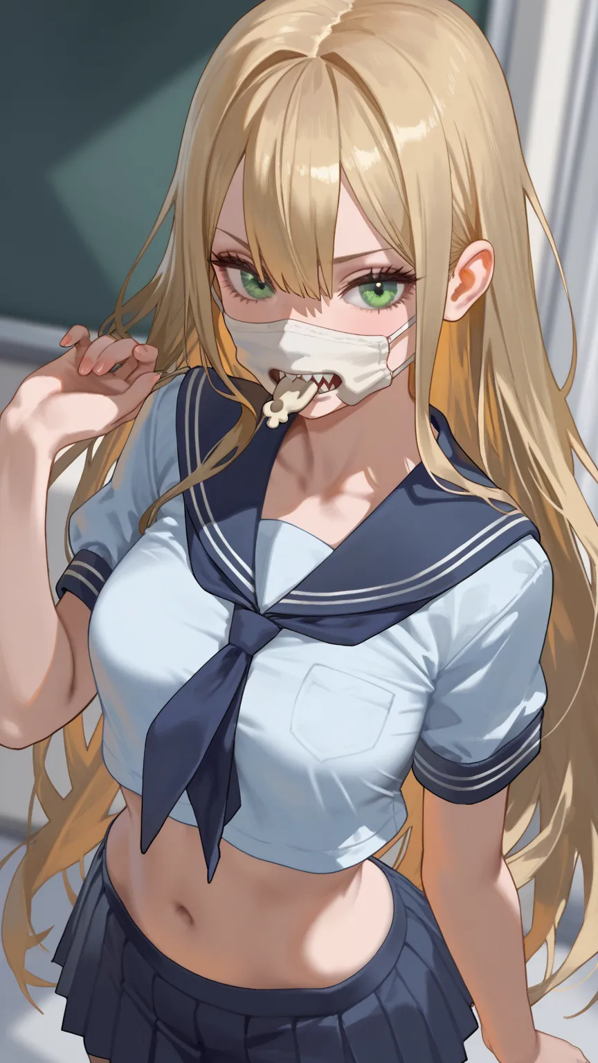 BEST QUALITY, ULTRA DETAILED, HIGH DEFINITION, INTRINCATED DETAILS, PERFECT BODY, PERFECT ANATOMY, ALONE, 1girl, , medium breasts, slender, very long hair, blonde hair, with high highlights on the sides, green eyes, seifuku uniform, sailor shirt above the ...