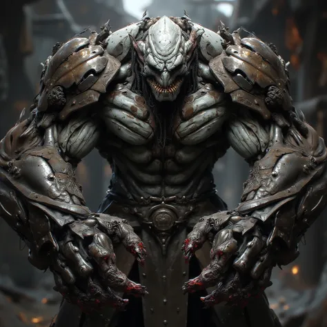 deadly orc, dirty white skin, fierce face, metal plates protruding from the body, well-designed symmetrical hands