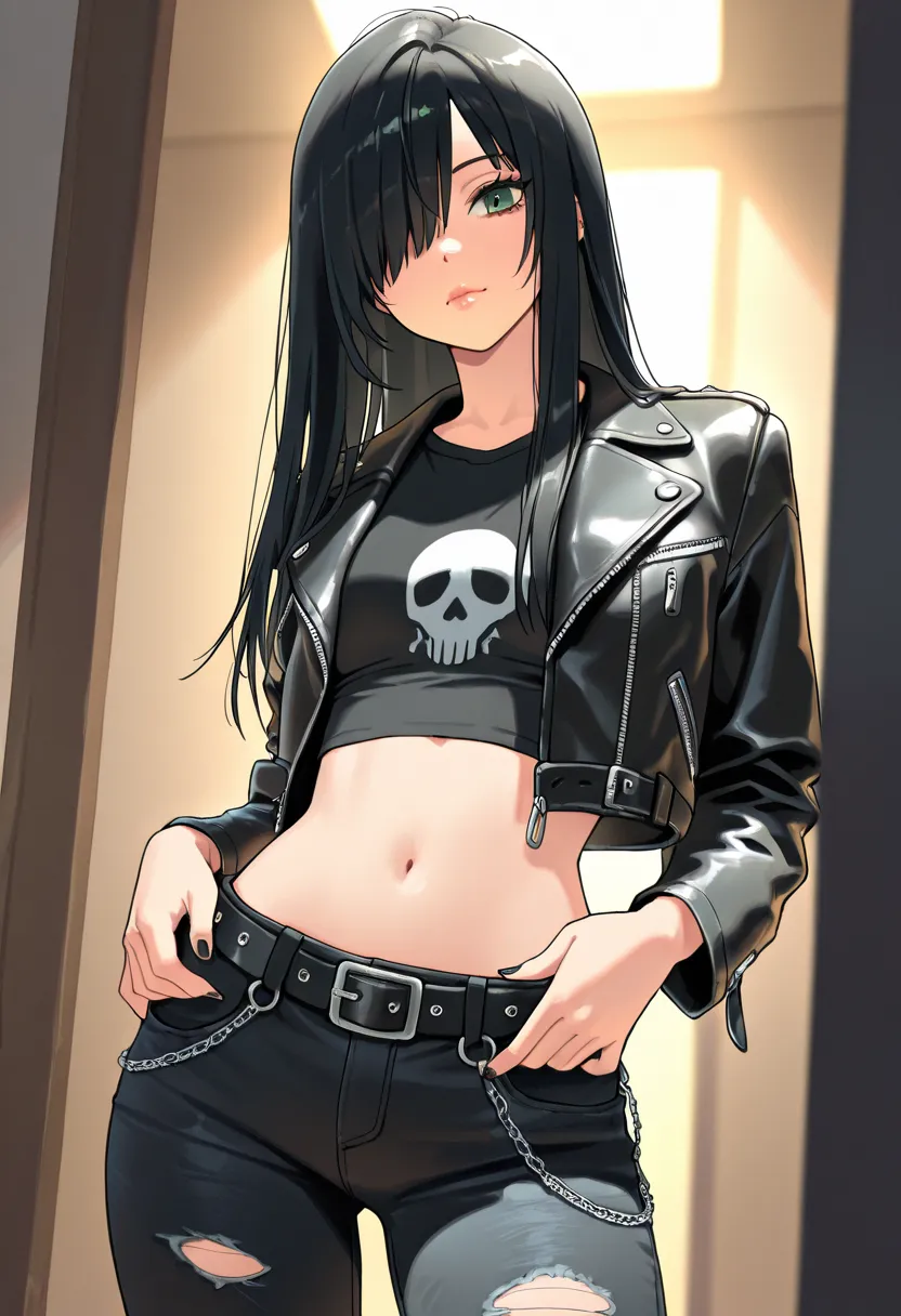 best quality, masterpiece, perfect anatomy, lighting, black hair, long hair, straight hair, green eyes, black nails, one eye covered by hair, emo style, lips, feminine face, small nose, cowboy shot, dinamic pose, low rise black jeans, cropped and ripped bl...