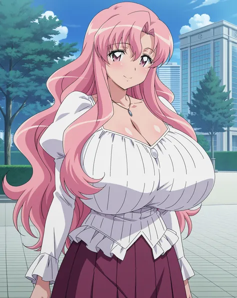 score_9, score_8_up, score_7_up, source_anime, anime coloring, anime screencap, 1 mature woman, solo, Cattleya de la fontaine (zero no tsukaima), pink hair, low wavy hair, hair intakes, long hair, long sidelocks, parted bangs, pink eyes, loving smile, clos...