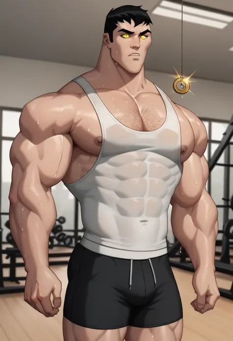 Bruce Wayne alone in the gym, staring at golden pendulum, stringer tanktop, gym shorts, muscular, muscles, big biceps, broad shoulders, massive pecs, sweaty, hairy chest, glowing golden spiral in the eyes, blank expression, vacant stare, hypnotized, brainw...