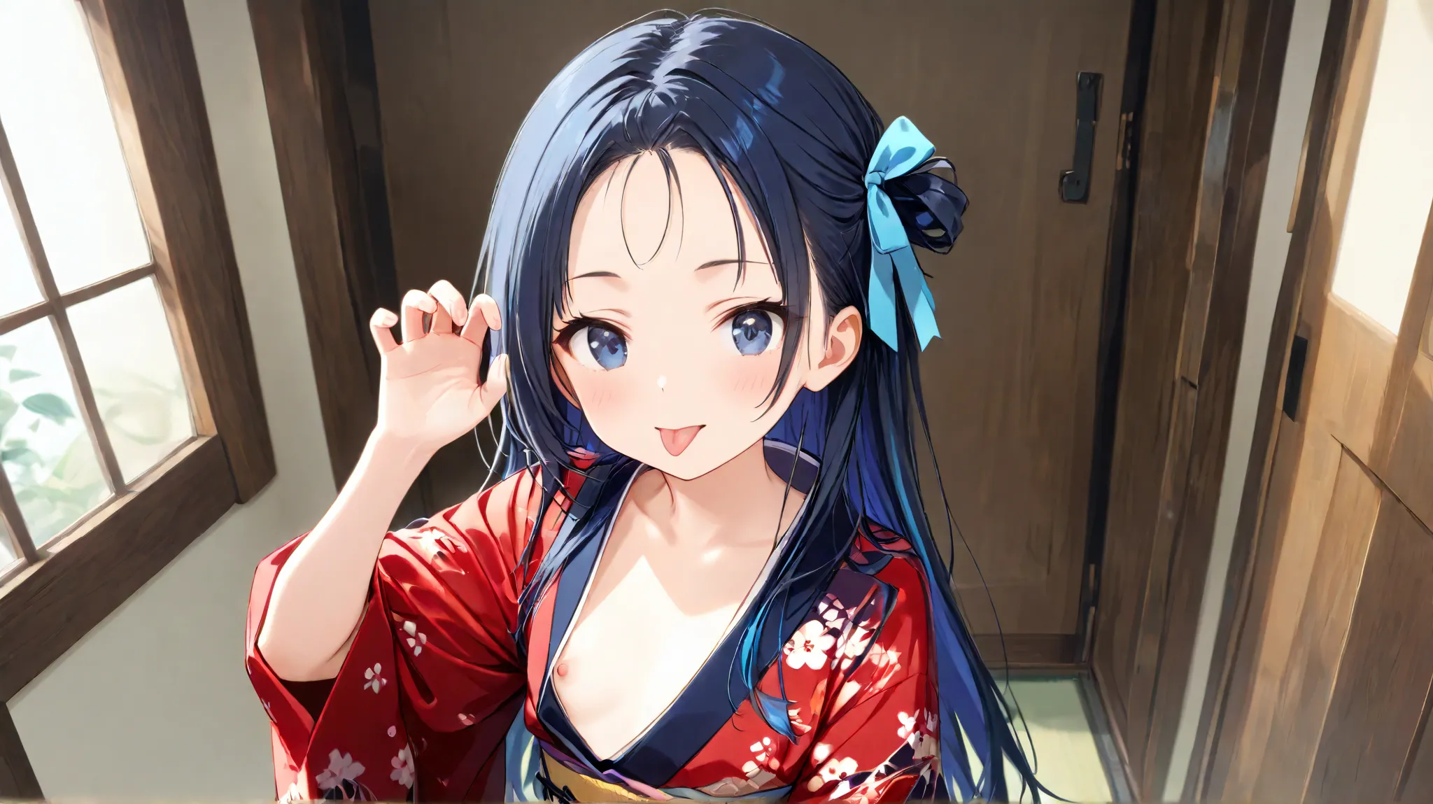  small tits,  long hair, (  black hair) , bangs, , （1 girl 1.5）,  blue hair ribbon 、 kimono、 Costume、high quality、Tongue out、OK pose