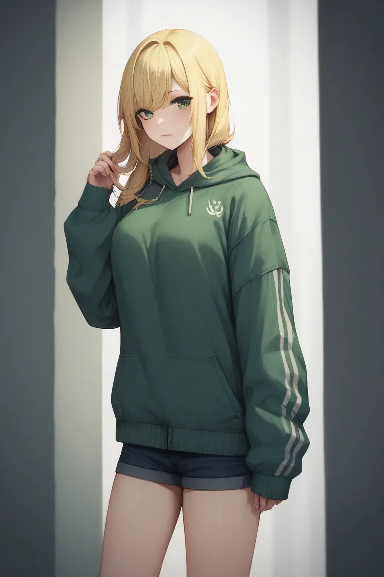 The woman has a blonde hair. Her blonde is very long. Her blonde hair also has bob-style bangs. She has striking green eyes. She is wearing a modest sweater. Her sweater's colour is green. She is also wearing a jacket. Her jacket's colour is orange.