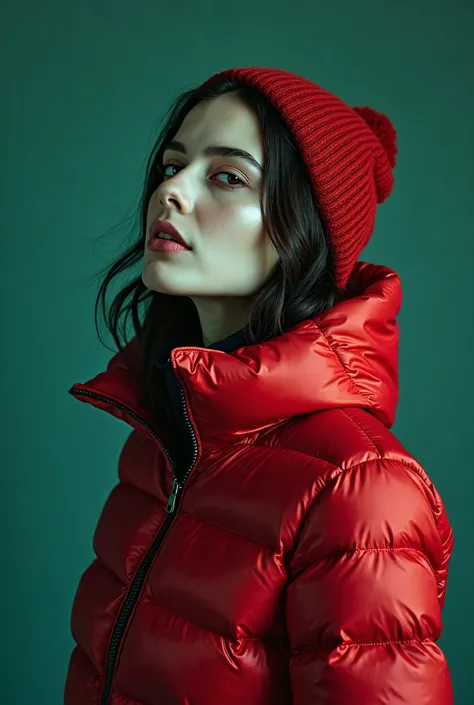 extremely detailed pale woman head in грязевая яма in collar only sporty lightweight down jacket,victim of the , drowned below грязевая яма,   fashion photo shoot, Poses,dark orgasm, Posing Sexually, provocative photo shoot ,  red green blue , knitted hat.