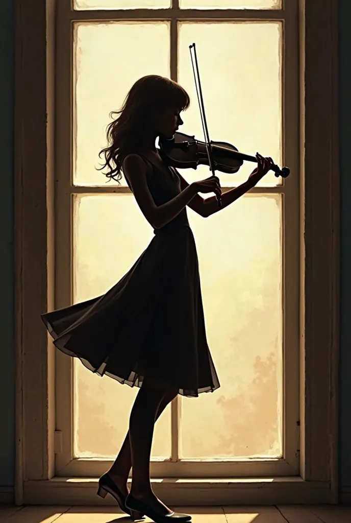 elegant and graceful silhouette of a girl playing the violin.  standing by the window , use only two colors for laser engraving.