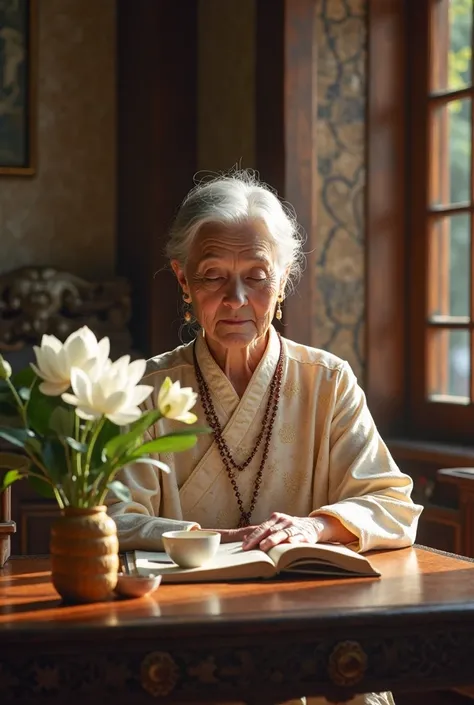 ((50 year old intelligent granny has a beautiful face, calm and understanding demeanor know, studying spirituality and feng shui. He is reading on an antique wooden table, next to it was a delicate cup of tea, a teapot and a vase of pure white lotus. The d...