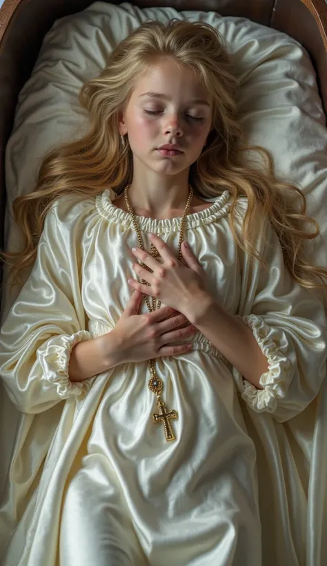    dead  young  girl     in shiny satin shroud  eyes closed mouth closed barefoot hands folded on chest holding rosary  lying in satin casket head on satin pilliw  in ctypt  photorealistic accurate high detailSuper Detailed, Full above view, Blonde Hair, H...