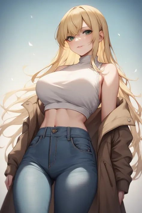 The woman has blonde hair. Her blonde hair is very long. Her blonde hair also has bob-style bangs. She has striking green eyes. She is wearing a modest sweater. Her sweater's colour is green. She is also wearing a jacket. Her jacket's colour is orange. She...