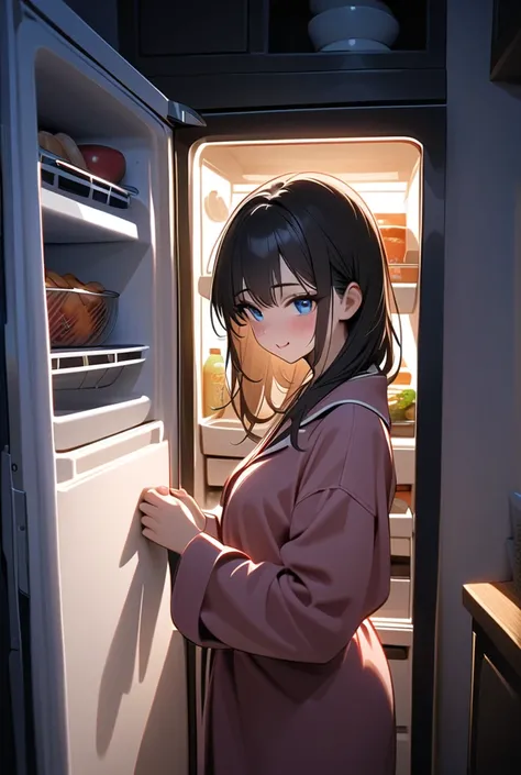 1girl, from side, Opening the refrigerator door with the right hand, senductive, blush, drooling, (masterpiece, best quality, ultra-detailed), (dark, moody nighttime scene, low-key cinematic lighting),  
(scene: a dimly lit kitchen at night, the only sourc...