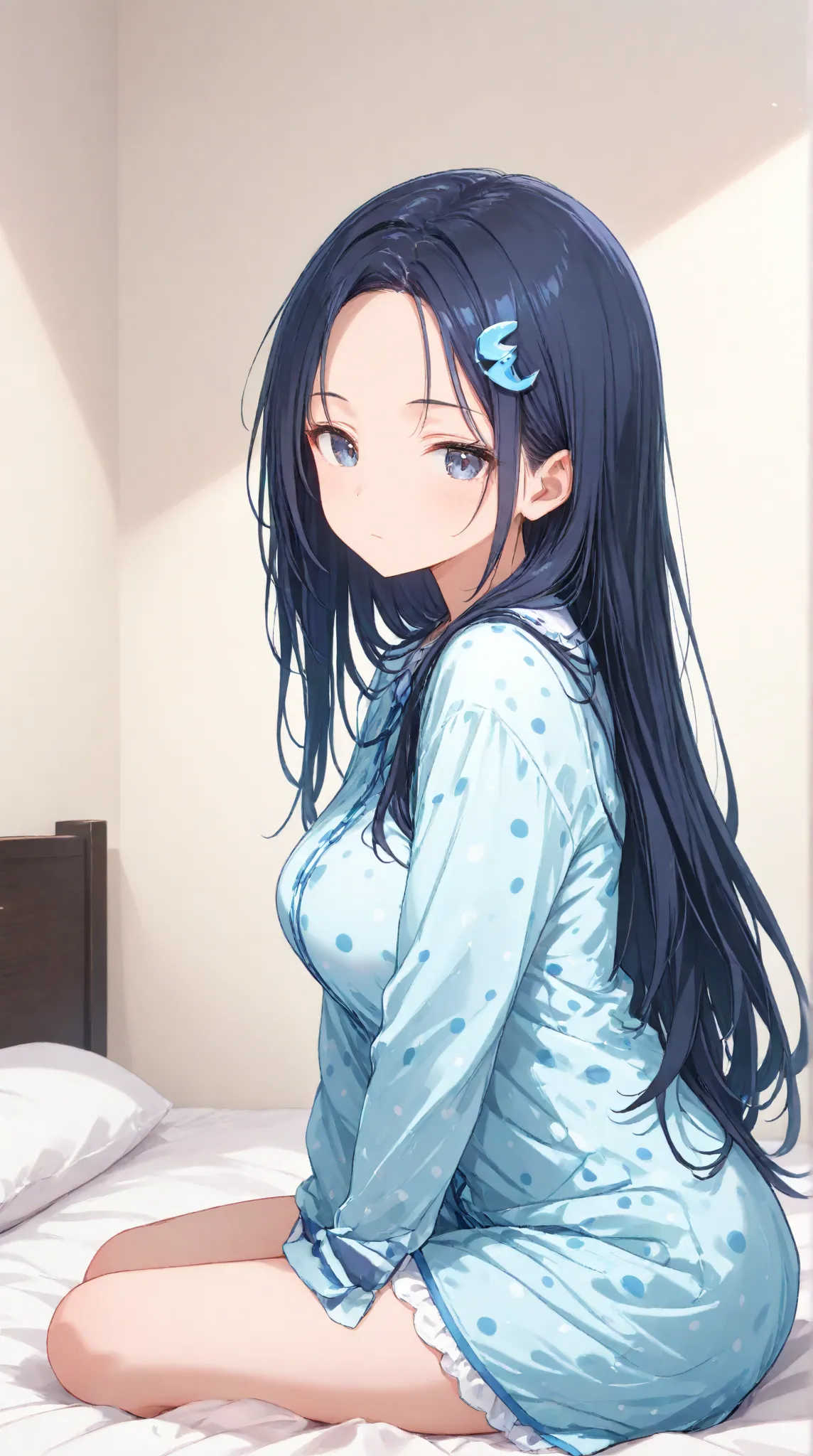 masterpiece,large breasts, long hair, (black hair1.5) , bangs, （1girl1.5）, 青リボン、Blue hair ornament, 18 years old、breast focus、looking at viewer，full head,polka dots pajamas、from side,sitting on bed, in the room、Looks sleepy,