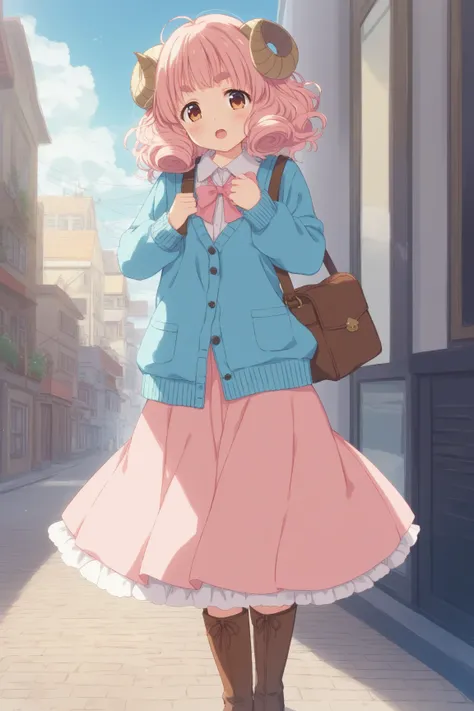 masterpiece, best quality, amazing quality, very aesthetic, high resolution, ultra-detailed, absurdres, newest, Anime screencap, highly detailed, high quality, Intricate:1.4, BREAK, (1girl, ひつじちゃん,  fluffy hair\long\pink, thick eyebrows:1.1, round sheep ho...