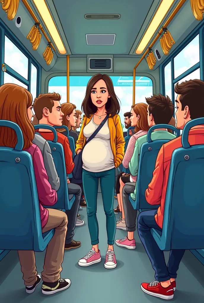 inside the bus, passenger are all occupying the seat where one pregnant lady is standing with a struggle face, make it look like a cartoon