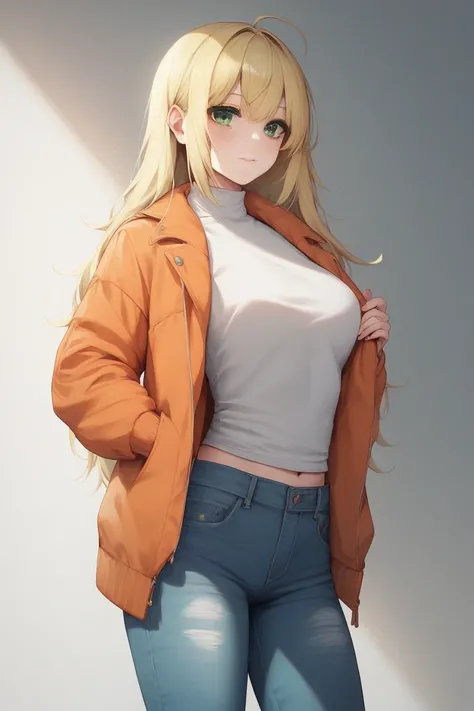 The woman has blonde hair. Her blonde hair is very long. Her blonde hair also has bob-style bangs. She has striking green eyes. She is wearing a modest full sweater. Her sweater has a green colour. The green colour is brighter. She is also wearing a jacket...