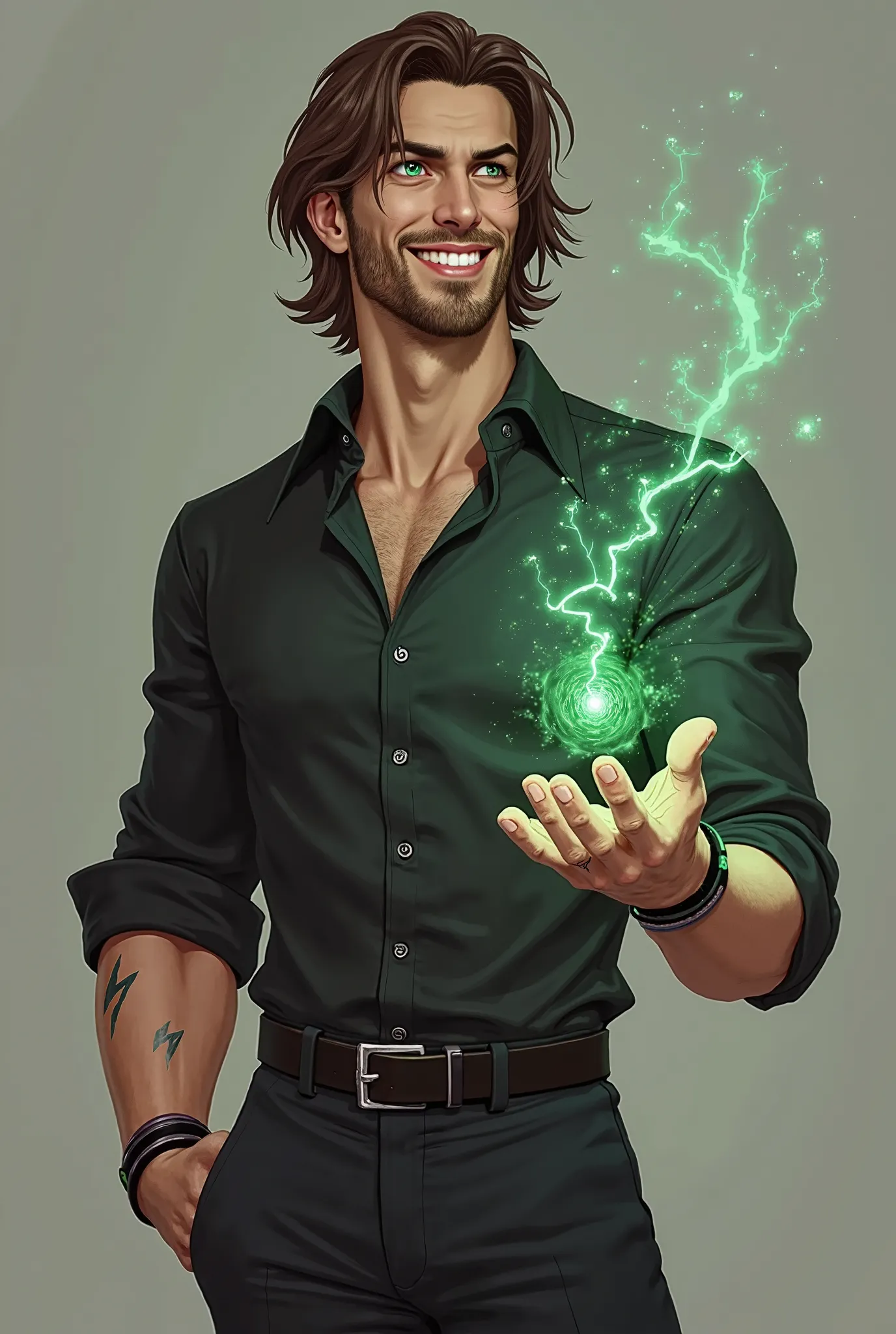 Style: 2D animation, Dungeons and Dragons
Subject: A male human with shoulder-length brown hair, pale skin, and a light beard. He wears a black button-up dress shirt, with the sleeves rolled up and the top two buttons open, with smart pants and shoes. He h...