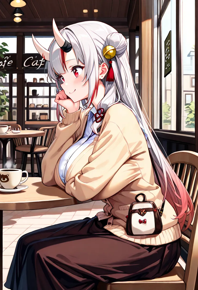 (TOP QUALITY , 8k , masterpiece , incredibly absurdres , perfect body , super detailed skin , highly detailed eyes and face , 1 woman ) ,  nakiri ayame , Silver Hair , red eyes , demon horn , smile ,  will be happy , ( shirt , Cardigan , long skirt , Small...