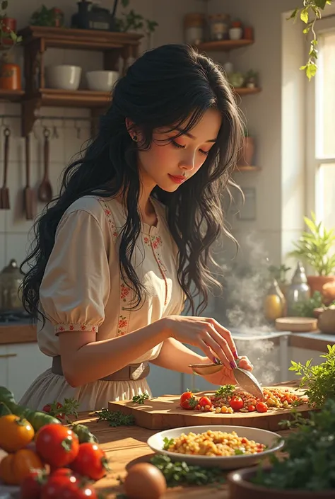 Girl with black hair she cooks