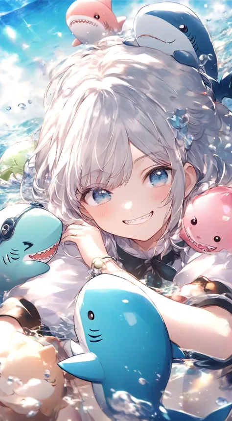 cute女の子、1 girl、 Silver Hair、Shark、cute、 lori、is young、Jagged teeth、sea、light blue、green、smile、seaの仲間たちの人形を持ってる、Sharkの人形