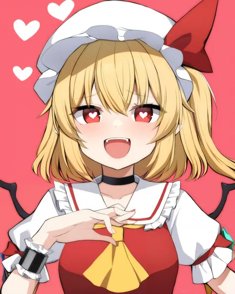   Flandres Scarlet ,1 girl, Alone, pain_ cap, heart-shaped_pupils, tooth, open_mouth,  Crystals,   yellow_ ascot , white_hat, hand首_cuffs,  accurately _in_viewer, red_ribbon, upper_body, ふくらんinいる_short_ sleeve, eyepinch, Wings, heart_hand, hin_ribbon, One_...