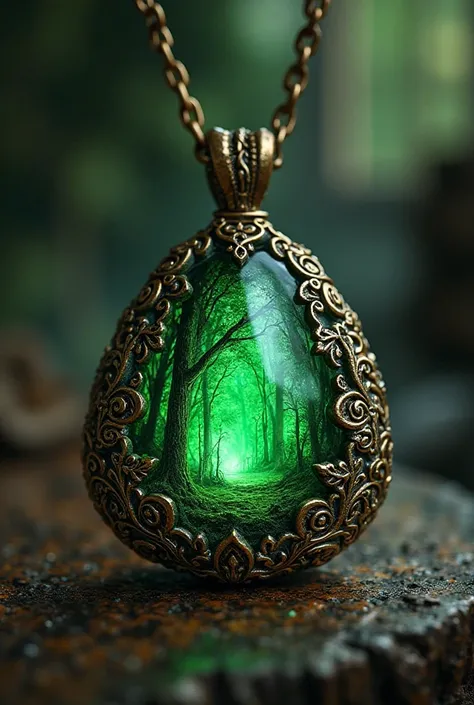 Create Magic the Gathering style: a beautiful green emerald jewel magic pendant with forest engravings on a medieval magic table 