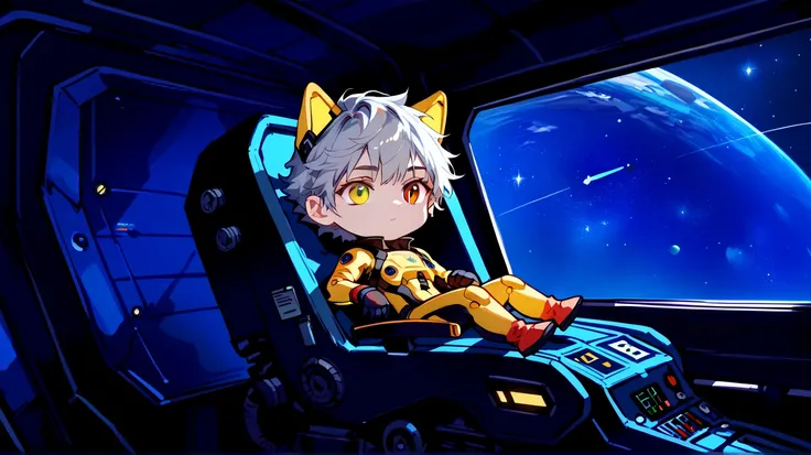 (((masterpiece))), best quality, extremely detailed, anime,( straddling the cockpit of the ), (casual:1.3), (silver medium short hair:1.2), solo,(((a wolf boy))),(((yellow eye))), (((red eye))),(((pilot suit)))(((2 people))),  cool expression, closed mouth...