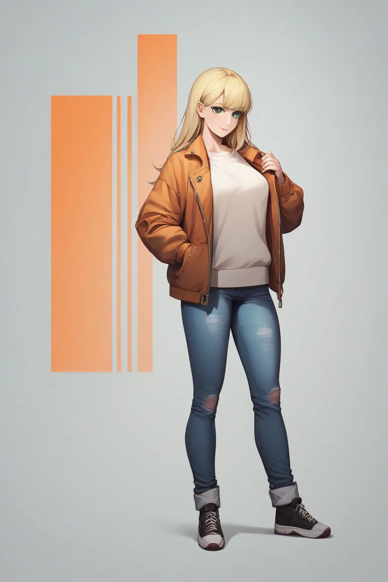 The woman has blonde hair. Her blonde hair is very long. Her blonde hair also has bob-style bangs. She has striking green eyes. She is wearing a modest full sweater. Her sweater has a greener colour. She is also wearing a jacket. Her jacket has an orange c...