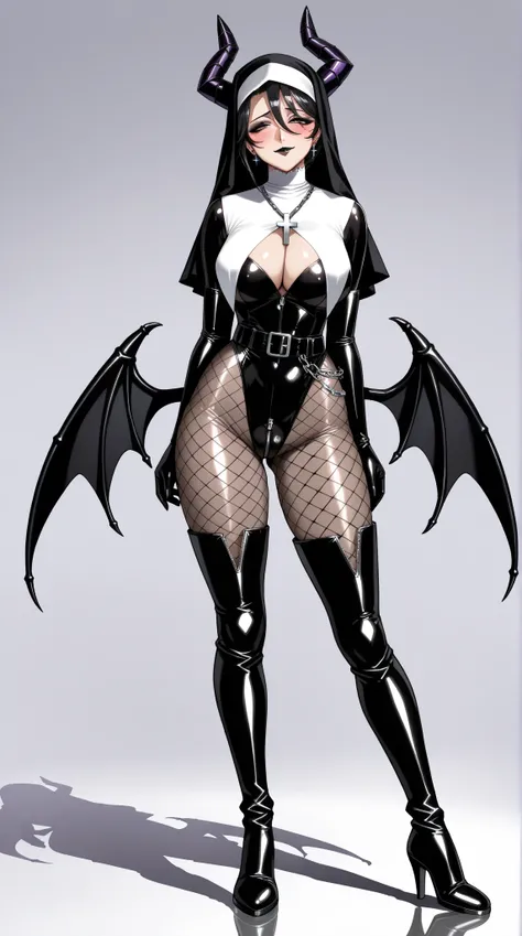 1 mature woman, (incredible high resolution, masterpiece, top quality, highly detailed, CG, high quality anime drawing), (devil horns, devil wings: 1.3), (demon and nun fusion, evil, nun costume and bodysuit fusion, beautifully detailed black latex nun leo...