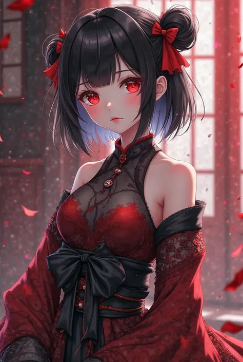 Anime, Black/Red/White Hanfu dress with a black bow, Short Black hair with tiny pigtails, one small red bow attached to each pigtail, plae skin, vampire, attractive