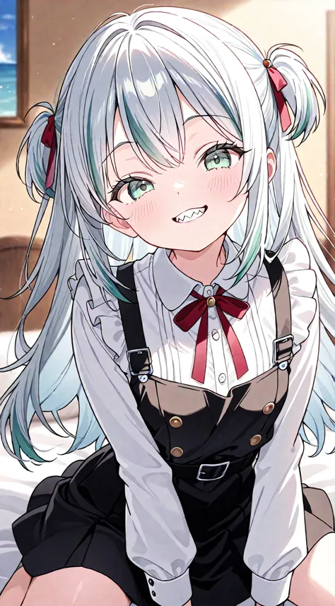 cute女の子、1 girl、 Silver Hair、Shark、cute、 lori、is young、Baby Face、Jagged teeth、sea、light blue、green、smile、 short