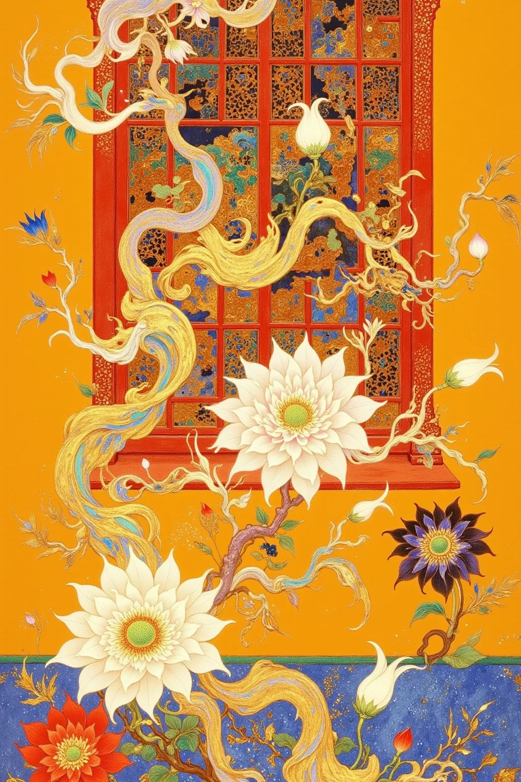 There is a picture of a red window with a yellow wall, Beautiful view from the window， Oriental Wallpaper , Chinese style pattern, Inspired by Yun Shouping, with ancient Chinese aesthetics,  Chinese Style, Chinese style wallpaper ,  Oriental Art Nouveau , ...