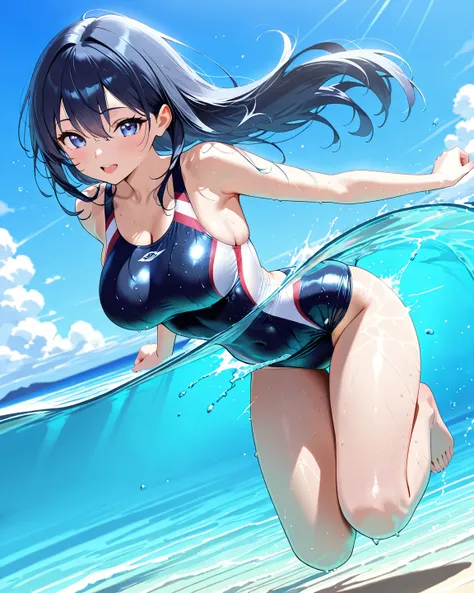 artistic swimmer, 深い海で, (dive into the ocean in deep water:1.5), Jump into the water in a beautiful position from your head, dive in a beautiful inverted position, (beautiful Japanese woman), full body,  supermodel in her wet 20s,  dark blue school swimsui...