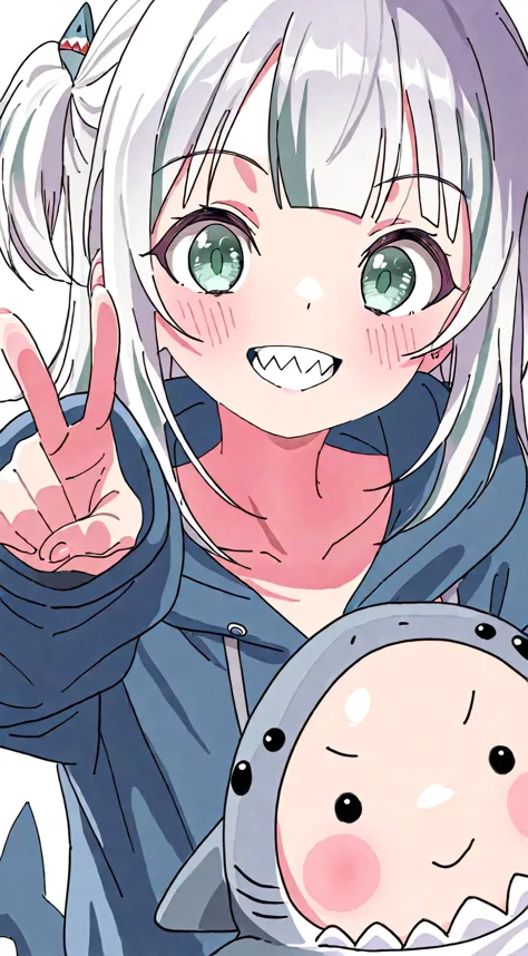 cute女の子、1 girl、 Silver Hair、Shark、cute、 lori、is young、Baby Face、Jagged teeth、sea、green、smile、 short、greenい洋服、Sharkの洋服を着てる、Sharkの尻尾