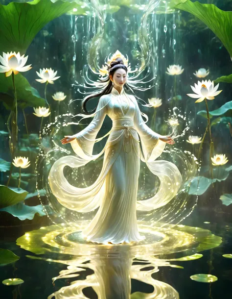 1 beautiful guan yin goddess in white huanfu，beautiful，blingbling water，Motion blurred，many many many fractal plants，Movie-level lighting effects，lotus pose,  on the water, reflection,，Glowing Line,Glow Example，Tracking example，flash， Backlight，translucent...