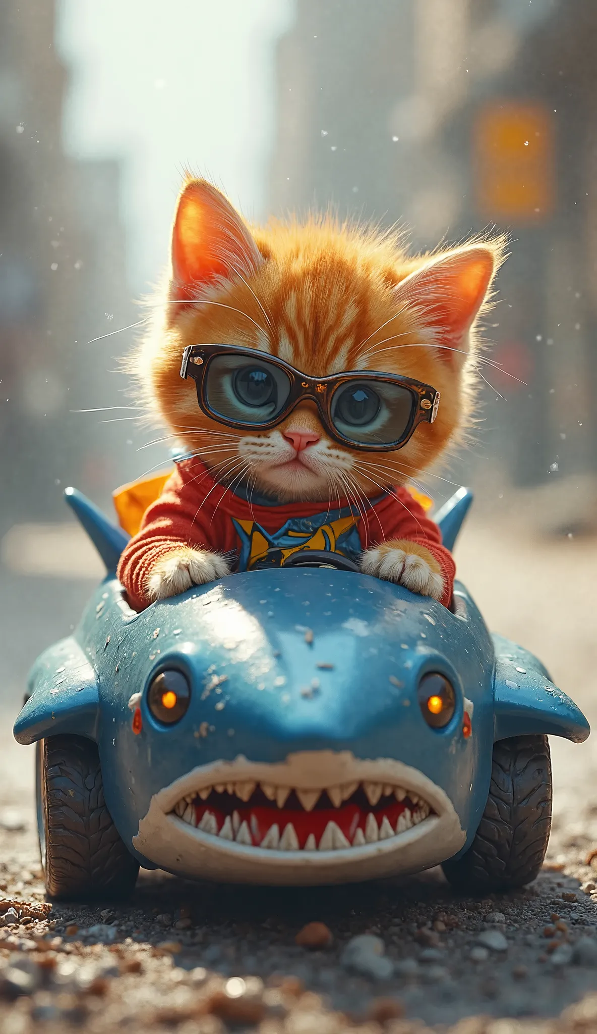 kitten (kitten cat orange,boy  , cute, dresseds like power ranger) driving a shark-shaped car